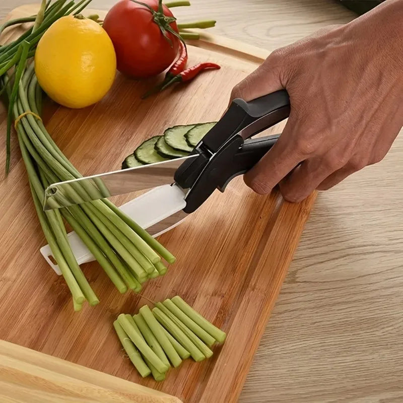 SHOPHUKSTORE® 2 in 1 Salad Chopper Vegetable Cutter with Built-in Cutting Board Food Cutter Kitchen Scissors Cut Vegetables Cut Fruits